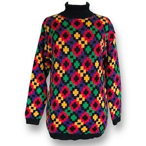 Vintage 80s 90s Womens Tunic Sweater Sz S Rafaella Colorful Pixelated Floral